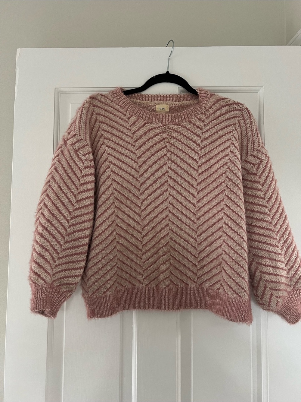 Cozy Chevron Crewneck Sweater in Blush Pink & Cream